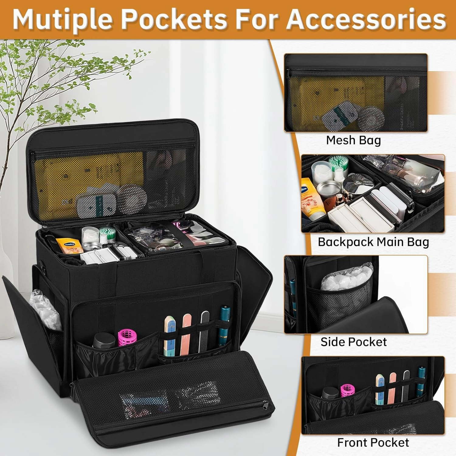 Extra Large Makeup Case with 4 Removable Pouches, Professional Make up Train Case,Travel Cosmetic Bag for Hairstylists Nail Tech Makeup Artist with Shoulder Strap and Handle (Black)
