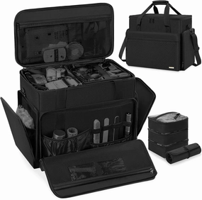 Extra Large Makeup Case with 4 Removable Pouches, Professional Make up Train Case,Travel Cosmetic Bag for Hairstylists Nail Tech Makeup Artist with Shoulder Strap and Handle (Black)