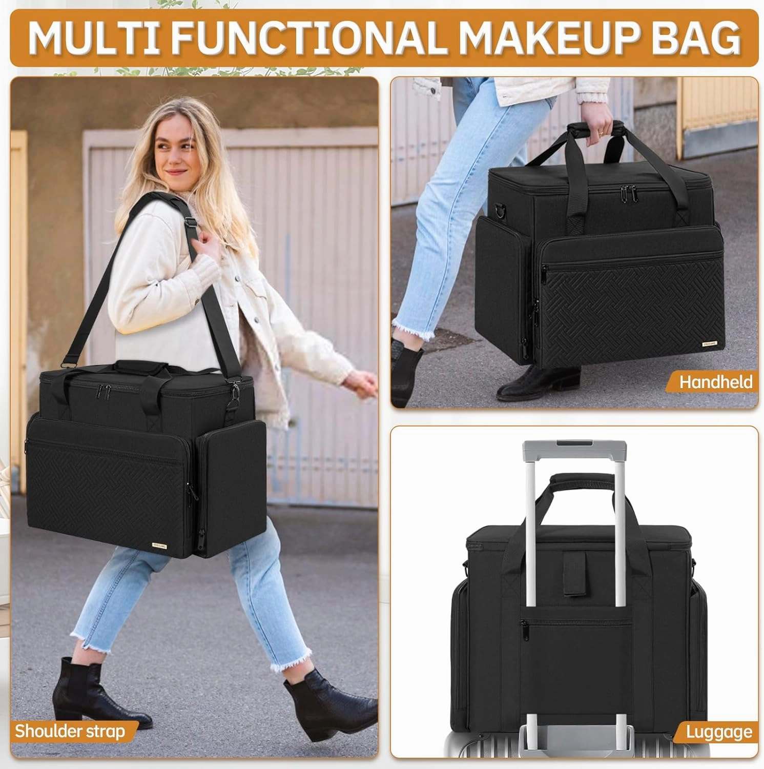 Extra Large Makeup Case with 4 Removable Pouches, Professional Make up Train Case,Travel Cosmetic Bag for Hairstylists Nail Tech Makeup Artist with Shoulder Strap and Handle (Black)