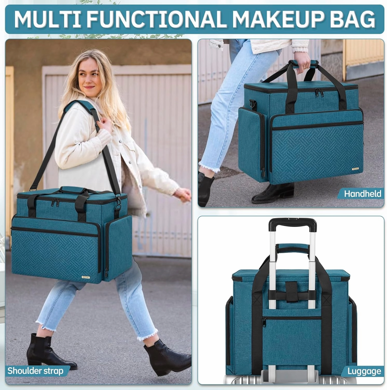 Extra Large Makeup Case with 4 Removable Pouches, Professional Make up Train Case,Travel Cosmetic Bag for Hairstylists Nail Tech Makeup Artist with Shoulder Strap and Handle (Blue)