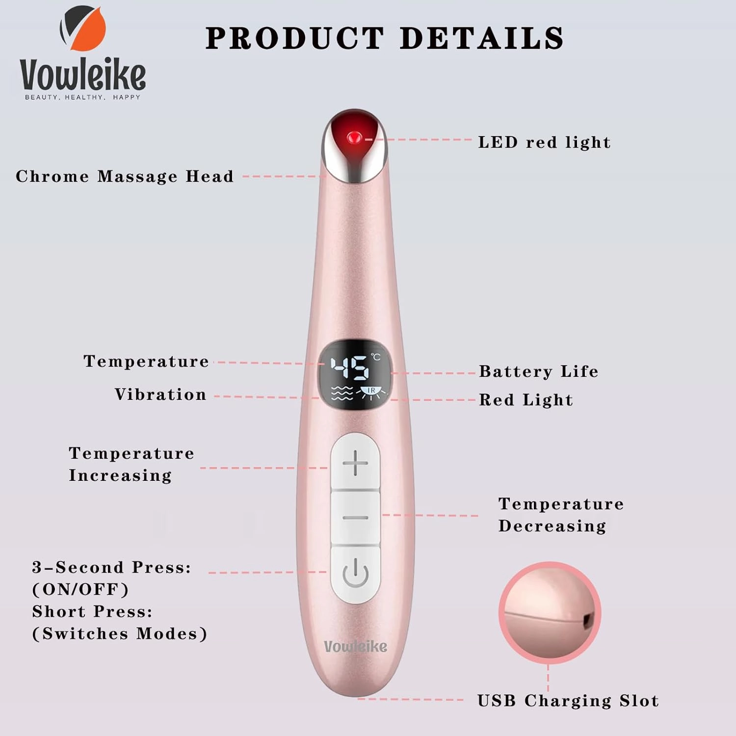 Eye Lift Wand, 3 in 1 Vibrating 98°F to 113°F LCD Eye Massager for Dry Eyes, Dark Circles and Puffiness, Face & Neck Lifting Tool for Fine Lines and Wrinkles, Rose Gold
