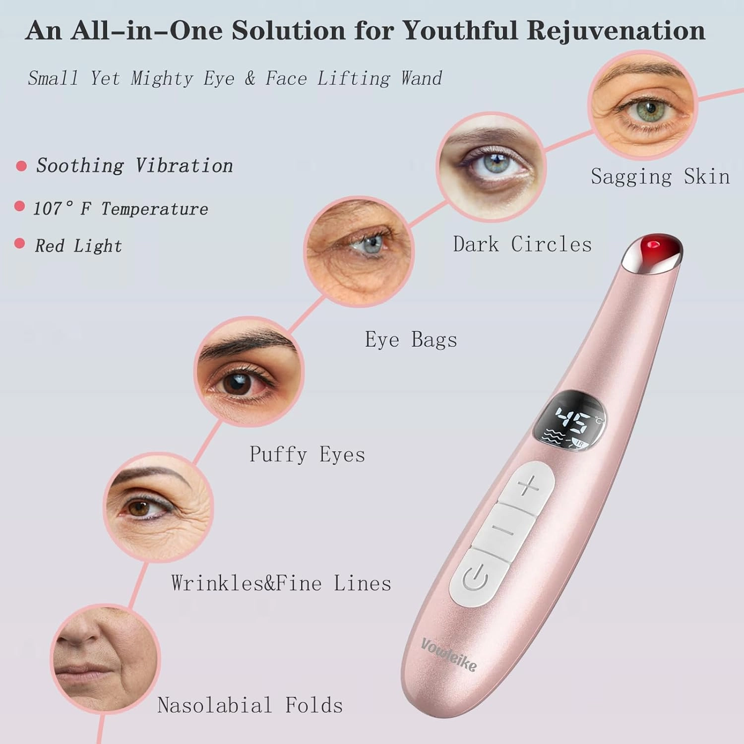 Eye Lift Wand, 3 in 1 Vibrating 98°F to 113°F LCD Eye Massager for Dry Eyes, Dark Circles and Puffiness, Face & Neck Lifting Tool for Fine Lines and Wrinkles, Rose Gold