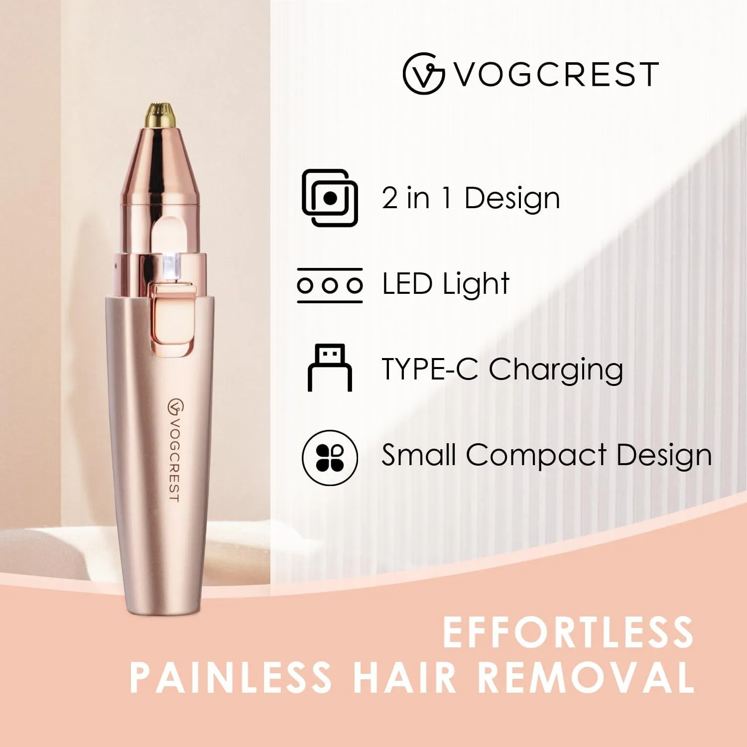 Eyebrow & Facial Trimmer: 2 in1 Rechargeable Facial Hair Removal & Eyebrow Shaver - Body Razor with Built-in LED Light (Rose Gold)