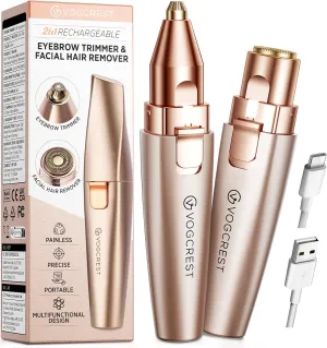 Eyebrow & Facial Trimmer: 2 in1 Rechargeable Facial Hair Removal & Eyebrow Shaver - Body Razor with Built-in LED Light (Rose Gold)