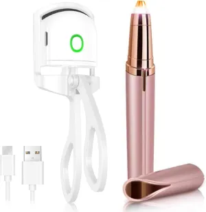 Eyelash Curler & Eyebrow Hair Trimmers Kit, Rechargeable 5s Fast Heat up Eyelash Curler, Portable Electric Eyebrow Razor for face Fingers Legs Mouth, Quick Safe Beauty Kit