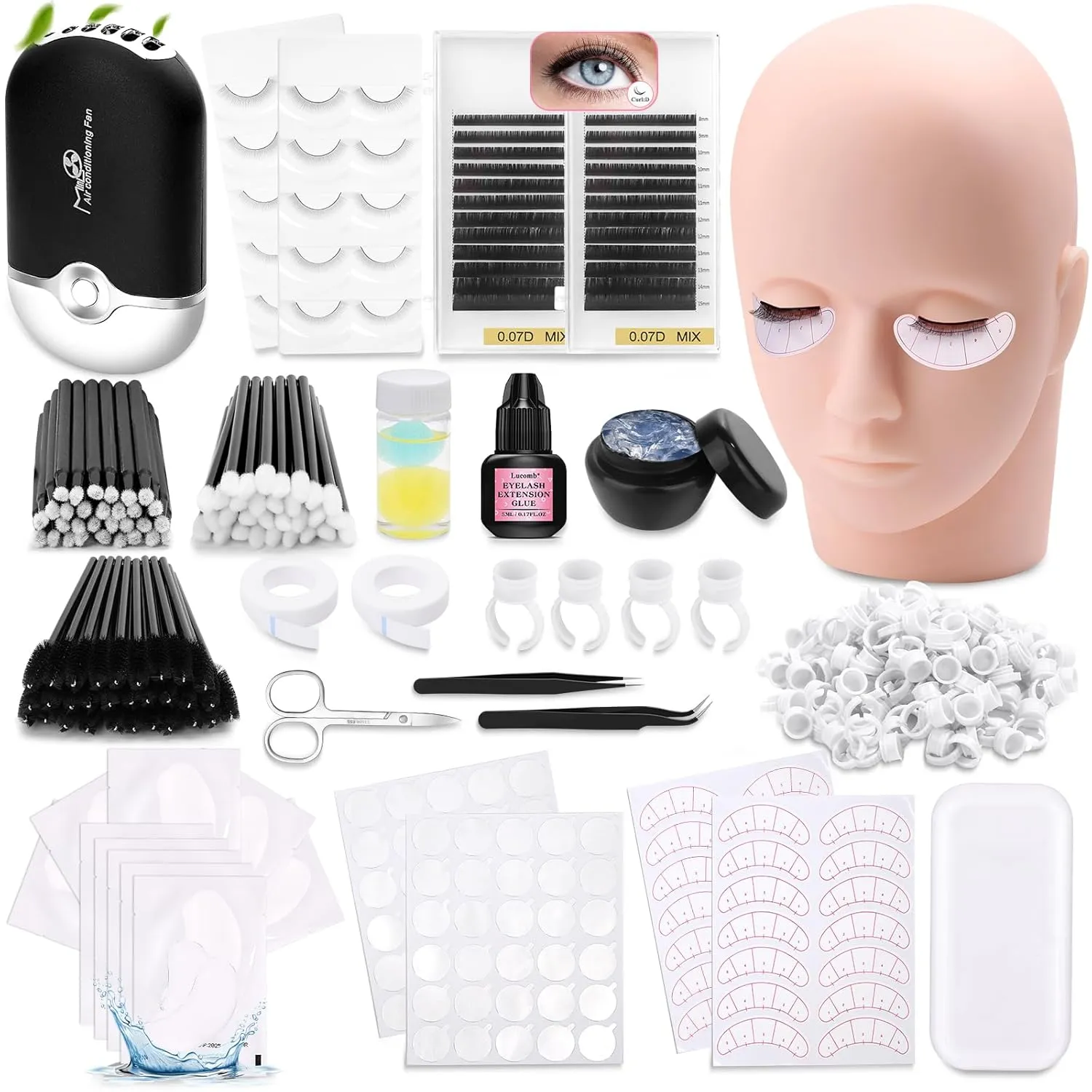 Eyelash Kit for Lash Extension, Lash Tech Supplies with Mannequin Practice Head, Lash Cluster, Lash Extension Glue, Eyelash Remover, Fan, Tweezers, Lash Training Tools Set for Beginners at Home