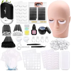 Eyelash Kit for Lash Extension, Lash Tech Supplies with Mannequin Practice Head, Lash Cluster, Lash Extension Glue, Eyelash Remover, Fan, Tweezers, Lash Training Tools Set for Beginners at Home