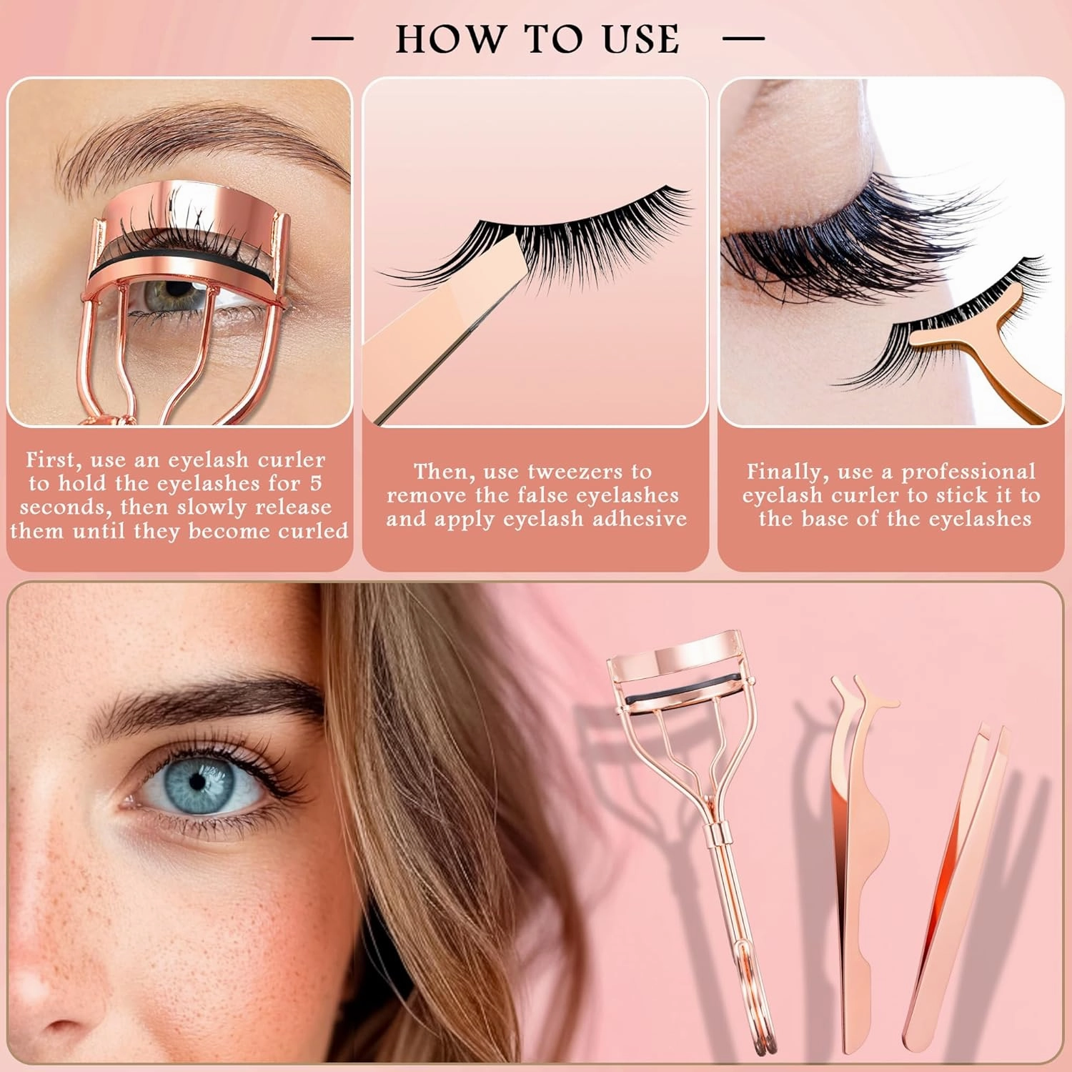 Eyelash Curler Tool - 3-in-1 Professional Eyelash Curler Lash Lift Kit Lash Curler, Professional Kit,Eyelash Extension Tweezers - Includes Replacement Pad for Home & Travel Uses,Rose Gold