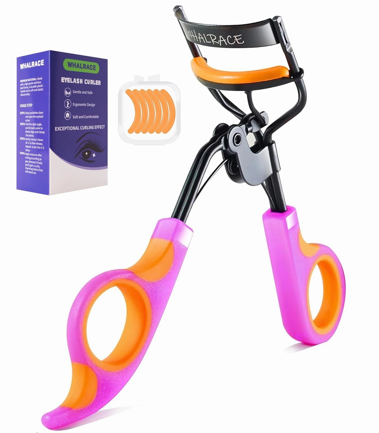 Eyelash Curlers with 6PCS Extra Replacement Pads, Premium Quality Eye Lash Curler, Superior Curling Effect, Easy to Hold and Use, Valentines Day Gifts for Her - Orange Purple Handle