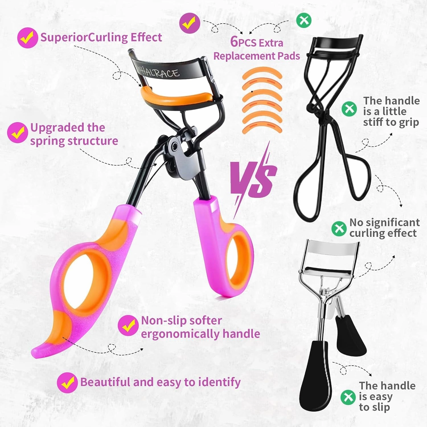Eyelash Curlers with 6PCS Extra Replacement Pads, Premium Quality Eye Lash Curler, Superior Curling Effect, Easy to Hold and Use, Valentines Day Gifts for Her - Orange Purple Handle