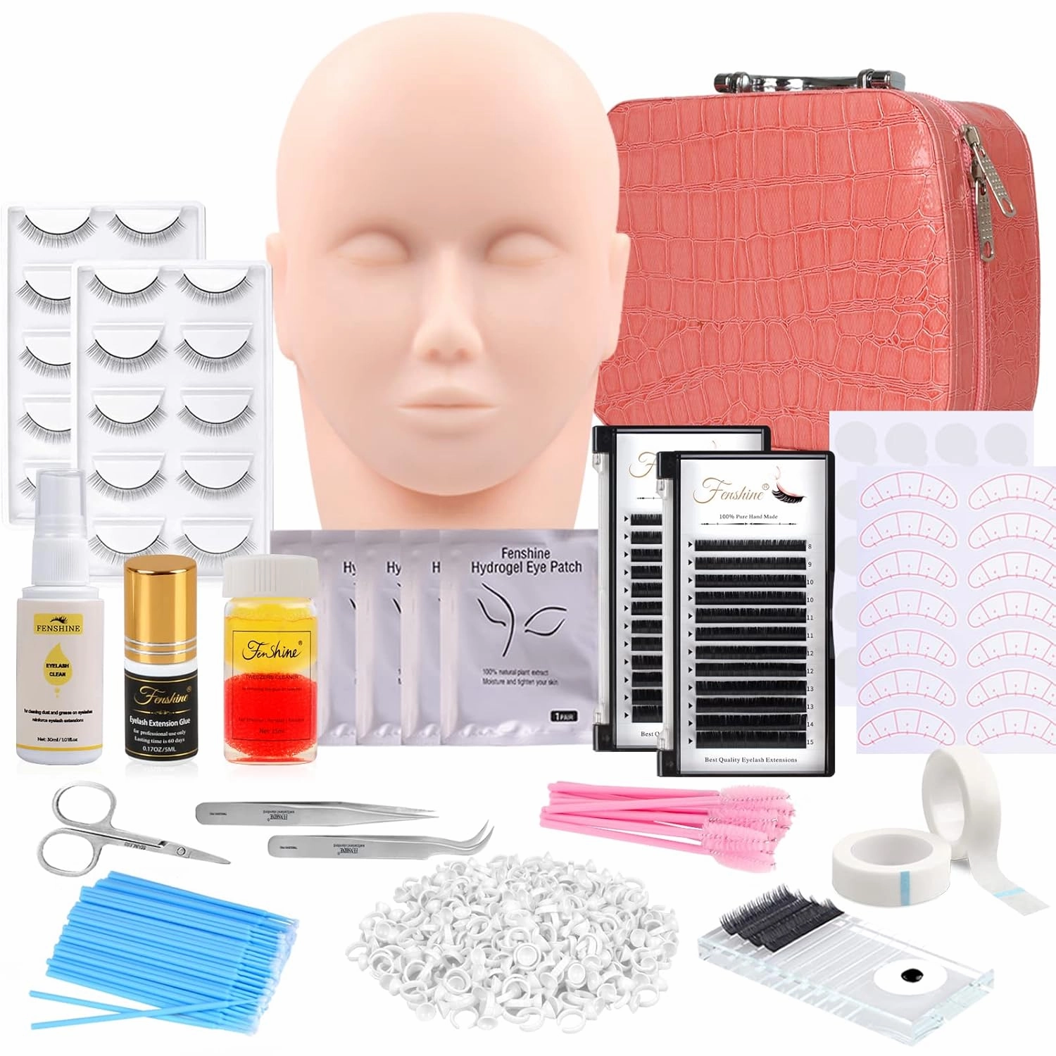 Eyelash Extension Kits, 17Pcs Professional Eyelash Grafting Training Tools Lashes Extension Practice Exercise Set with Mannequin Head Makeup Bag Glue Tweezers for Practice Eye Lashes Graft (17PCS)