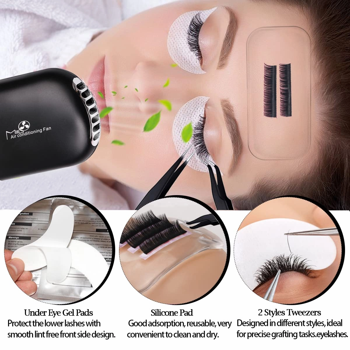 Eyelash Extension Supplies Kit with Individual Lash 0.07D Curl Mix 7-15mm USB Lash Fan Dryer Gel Patch Silicone Holder Pad Tweezers Mirror Disposable Mascara Brush Mini Applicator Glue Ring Tapes
