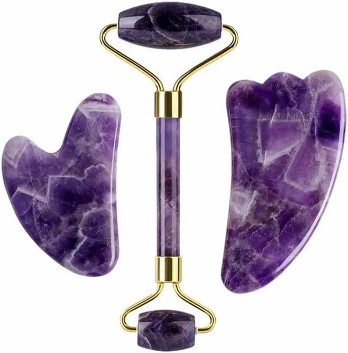 Face Roller Gua Sha Gouache Scraper Natural Amethyst Rose Jade Stones Roller and Guasha Set Facial Lift Skin Care Tools, Type 4