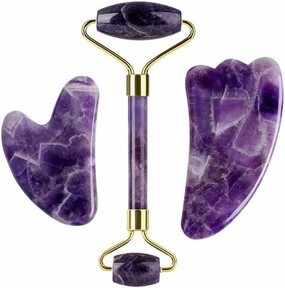 Face Roller Gua Sha Gouache Scraper Natural Amethyst Rose Jade Stones Roller and Guasha Set Facial Lift Skin Care Tools, Type 4