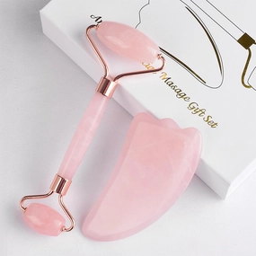 Face Roller Jade Roller   Gua Sha Massage Tool Set Handheld 100% Natural Rose Quartz Jade for Wrinkles Anti Aging Eye Neck Face Back Body Skin Massager Noiseless 2 PCS (shape of three angles)