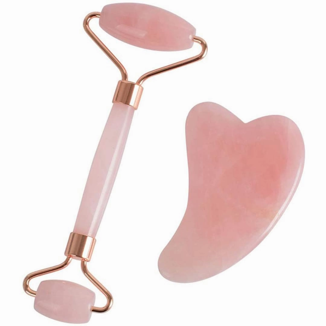 Face Roller Jade Roller   Gua Sha Massage Tool Set Handheld 100% Natural Rose Quartz Jade for Wrinkles Anti Aging Eye Neck Face Back Body Skin Massager Noiseless 2 PCS (Shape with two angles)
