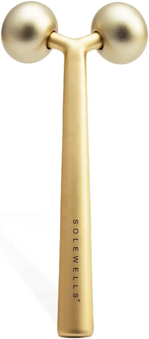 Facial Cooling Metal Gold Roller Massager, Contours Jawline, Promotes Lymphatic Drainage & Puffiness Reducer. Brighter, Smoother, Tighter Neck & Face Gym Exercise Anti-Aging, Not Jade.