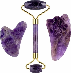 Facial Massager Roller Facial Eye Beauty Skin Care Meridian Massage Cleaning Freckle Lifting and Tightening Gua Sha Tool Purple Jade Roller Scraping Set Natural Jade Amethyst