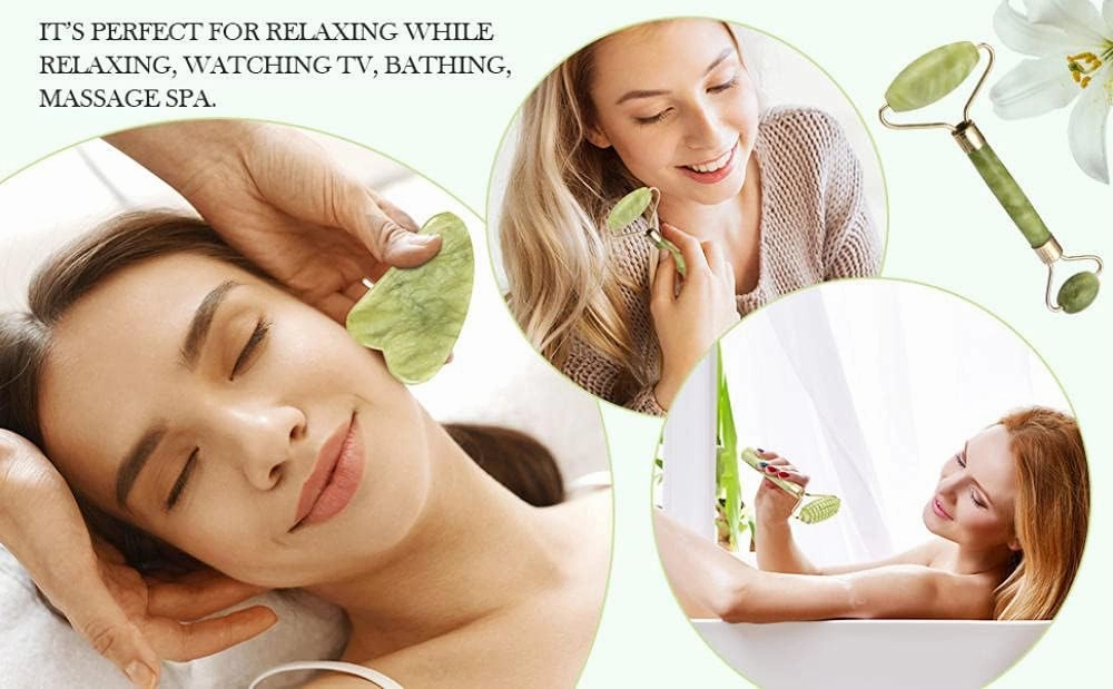 Facial Massager Roller Guasha Board Plate Green Natural Jade Stone Eye Thin Relax Slimming Face Massage Tools Best for Wrinkles-C