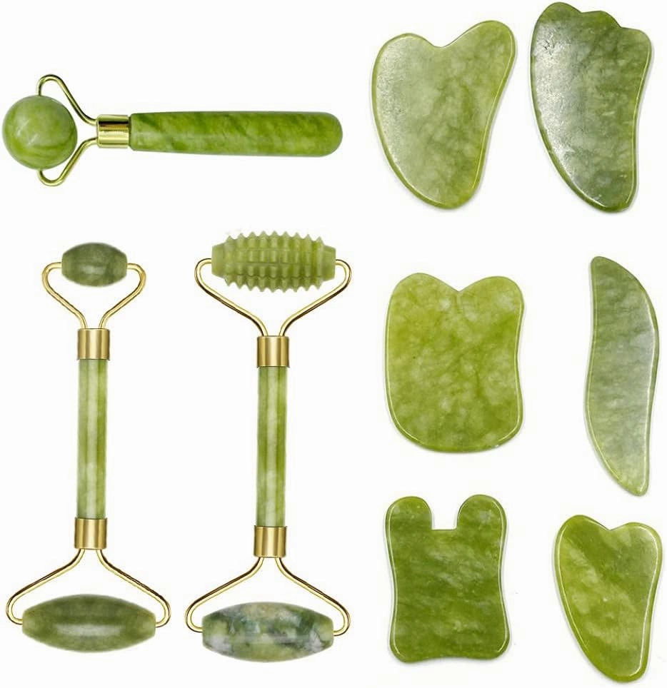 Facial Massager Roller Guasha Board Plate Green Natural Jade Stone Eye Thin Relax Slimming Face Massage Tools Best for Wrinkles-C
