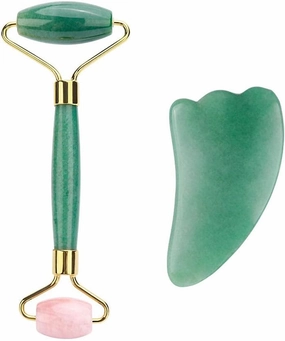 Facial Rollers facial massager Jade Roller & guasha massage Rose Quartz Natural Stone face roller Double Chin Remover Slimming skin care tools-Green set no box