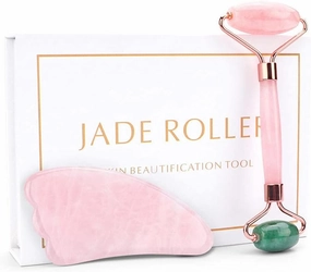 Facial Rollers facial massager Jade Roller & guasha massage Rose Quartz Natural Stone face roller Double Chin Remover Slimming skin care tools-Pink set With box