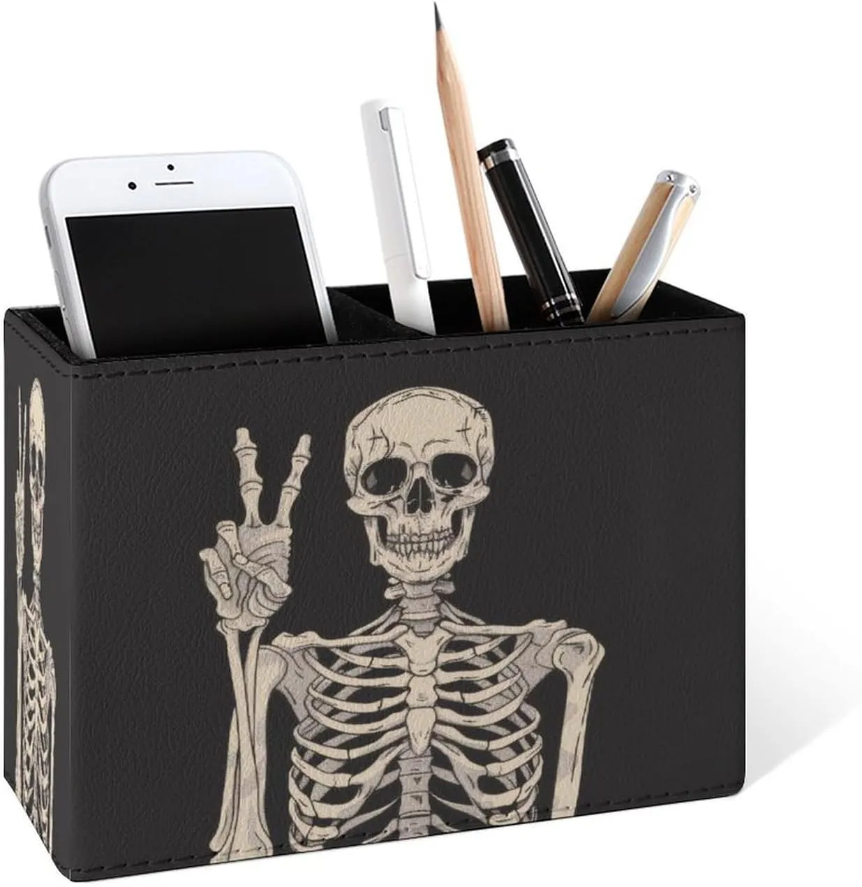Famame Rock Roll Skull Skeleton Bone Love Music Pencil Holder for Desk, Leather Desktop Container Pen Cup Storage Study Table Pen Organizer Makeup Brush Holder for Classroom Office Home