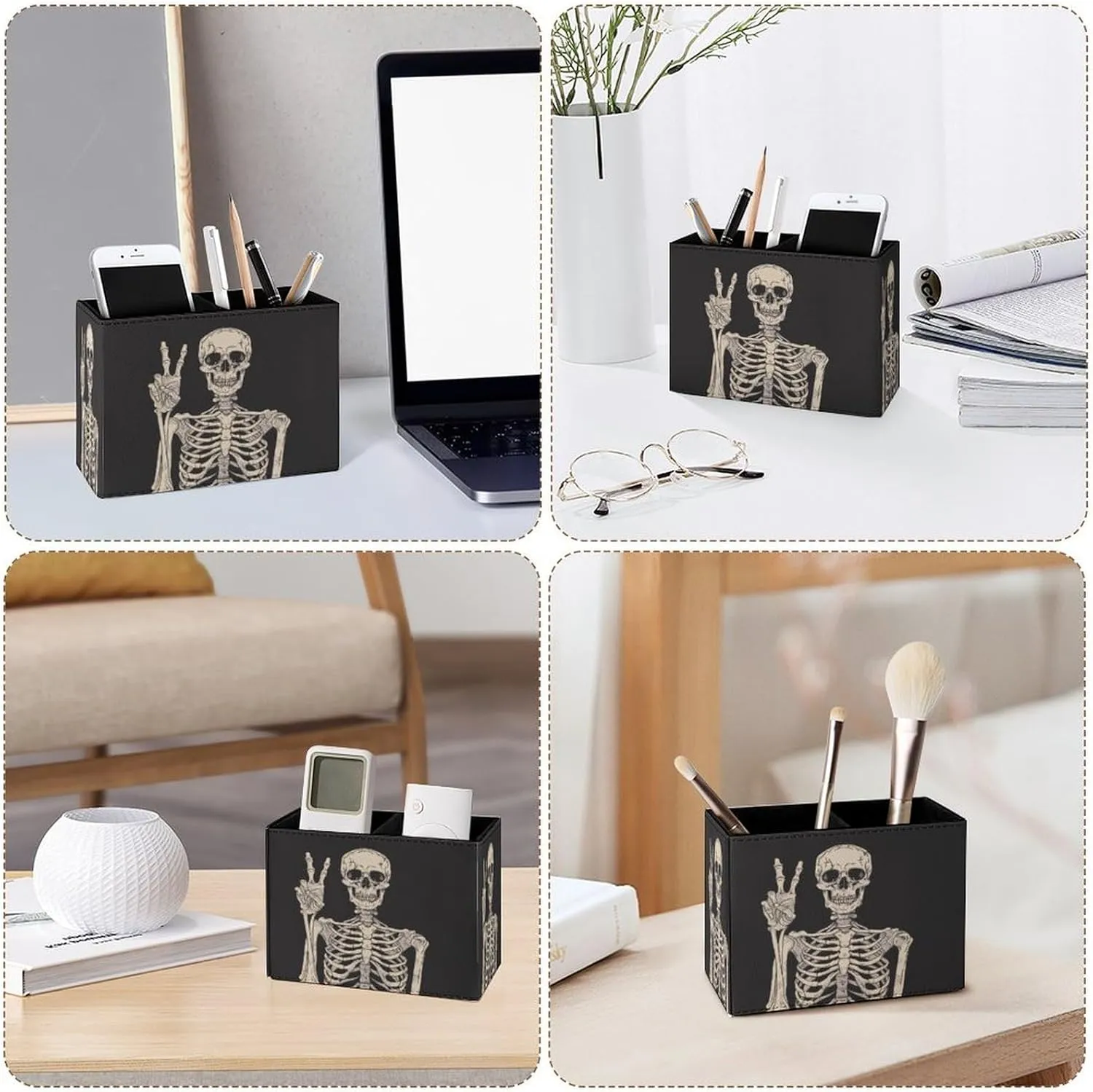 Famame Rock Roll Skull Skeleton Bone Love Music Pencil Holder for Desk, Leather Desktop Container Pen Cup Storage Study Table Pen Organizer Makeup Brush Holder for Classroom Office Home