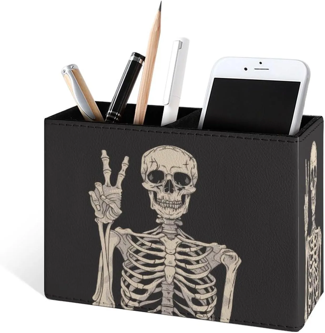 Famame Rock Roll Skull Skeleton Bone Love Music Pencil Holder for Desk, Leather Desktop Container Pen Cup Storage Study Table Pen Organizer Makeup Brush Holder for Classroom Office Home