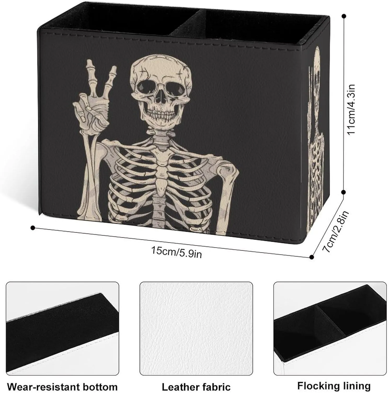 Famame Rock Roll Skull Skeleton Bone Love Music Pencil Holder for Desk, Leather Desktop Container Pen Cup Storage Study Table Pen Organizer Makeup Brush Holder for Classroom Office Home