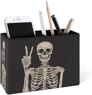 Famame Rock Roll Skull Skeleton Bone Love Music Pencil Holder for Desk, Leather Desktop Container Pen Cup Storage Study Table Pen Organizer Makeup Brush Holder for Classroom Office Home