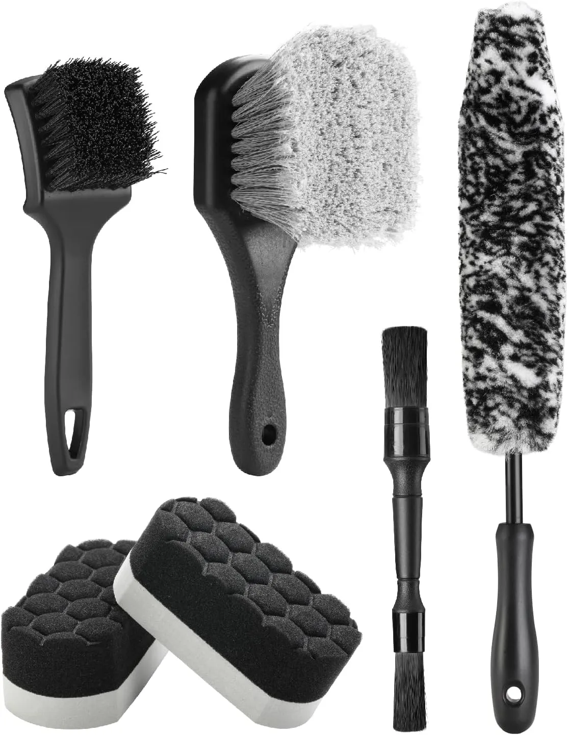 Fantasticlean 6PCS Car Wheel Cleaning Pro Kit, Tire Brush, Soft-bristled Rims Brush, Microfiber Bendable Brush, Double-Ended Detailing Brush, and Detailing Pads, Scratch-Free & Multipurpose