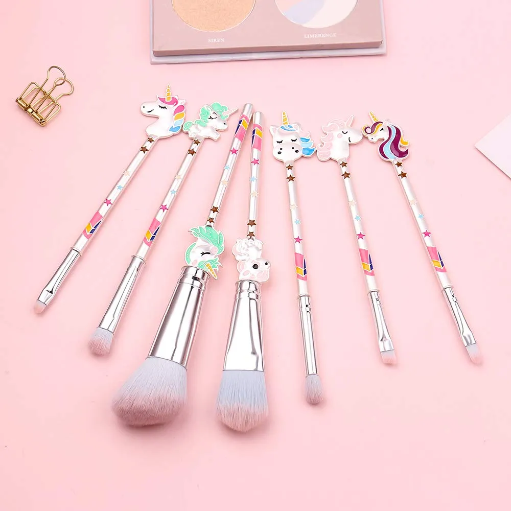 Fantasy Unicorn Makeup Brush Set - Professional Horn Shaped Metal Handle Makeup Brushes, Cruelty-Free Synthetic Fiber Foundation Brush Kit for Girls Women (7pcs double side)