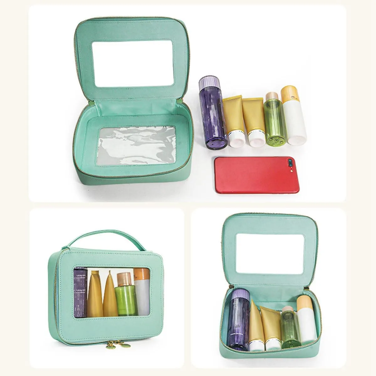 Fashionable Portable Makeup Case with High Beauty Value Travel Portable Window Opening Transparent PVC Women's Makeup Bag (Green)