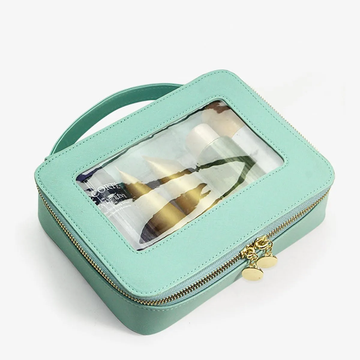 Fashionable Portable Makeup Case with High Beauty Value Travel Portable Window Opening Transparent PVC Women's Makeup Bag (Green)