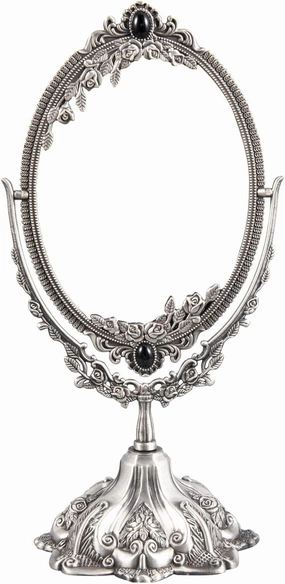 Feyarl Small Vintage Makeup Mirror Floral Tabletop Oval Vanity Mirror with Stand Dressing Room Swivel Double Sided Elegant Decorative Mirror Embossed Frame (Pewter)