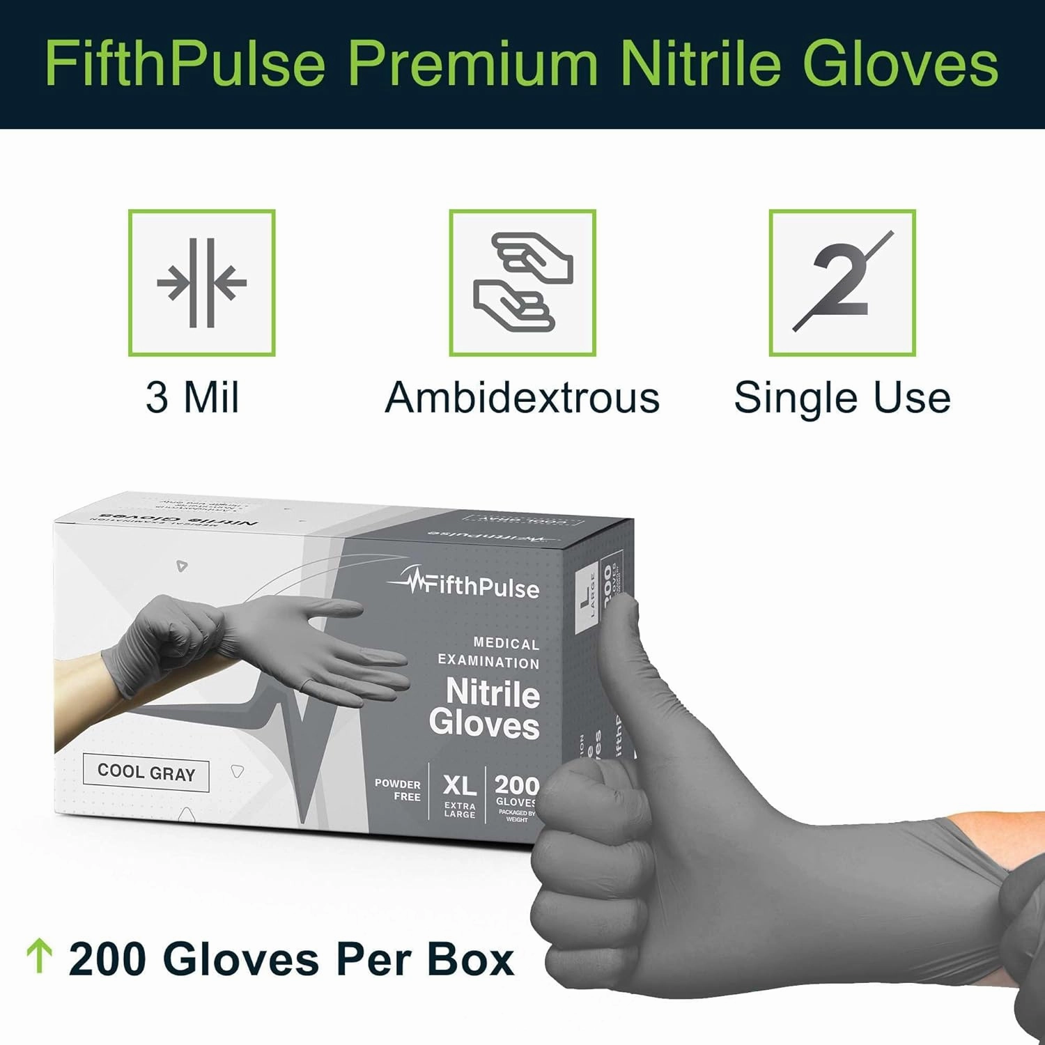 FifthPulse Cool Gray Nitrile Disposable Gloves - Latex Free food Safe Cleaning and Cooking Gloves, Medical Exam Gloves