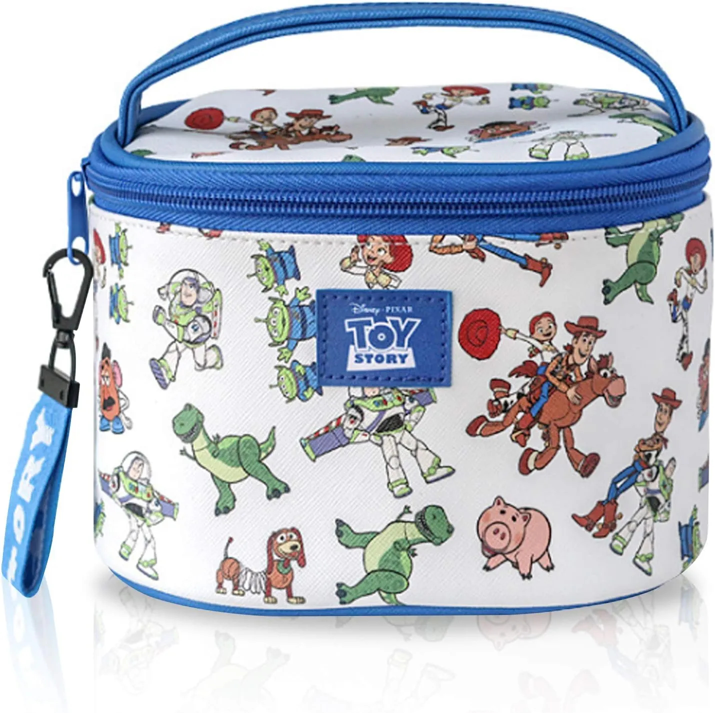 Finex Cartoon Story PVC Waterproof Makeup Organizer Bag Zipper Closure with Top Handle and Removable Matching Hand Strap Oval Base Case