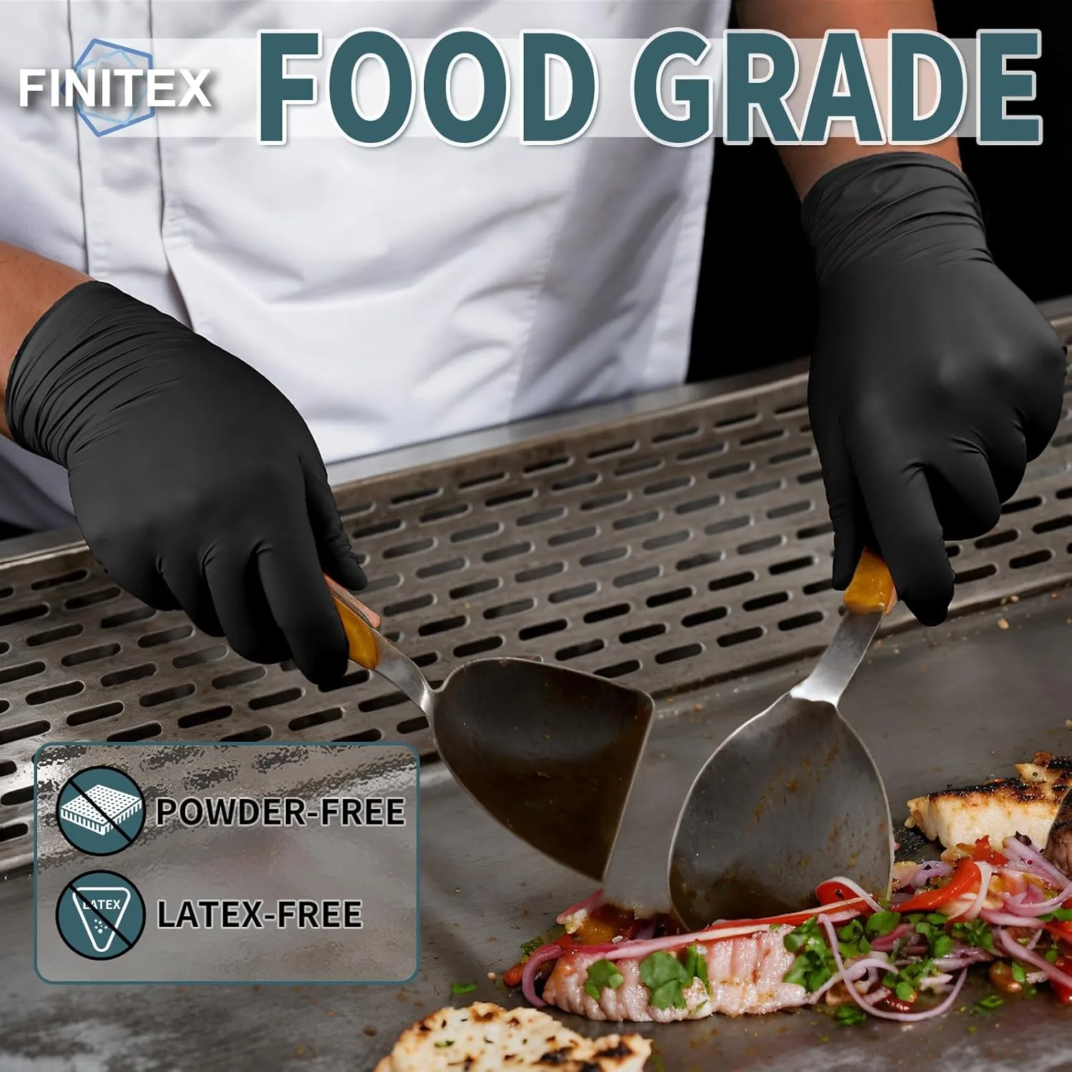 FINITEX - Black Nitrile Disposable Gloves, 5mil, Powder-free, Medical Exam Latex-Free 100 PCS For Examination Home Cleaning Food Glove (Medium)