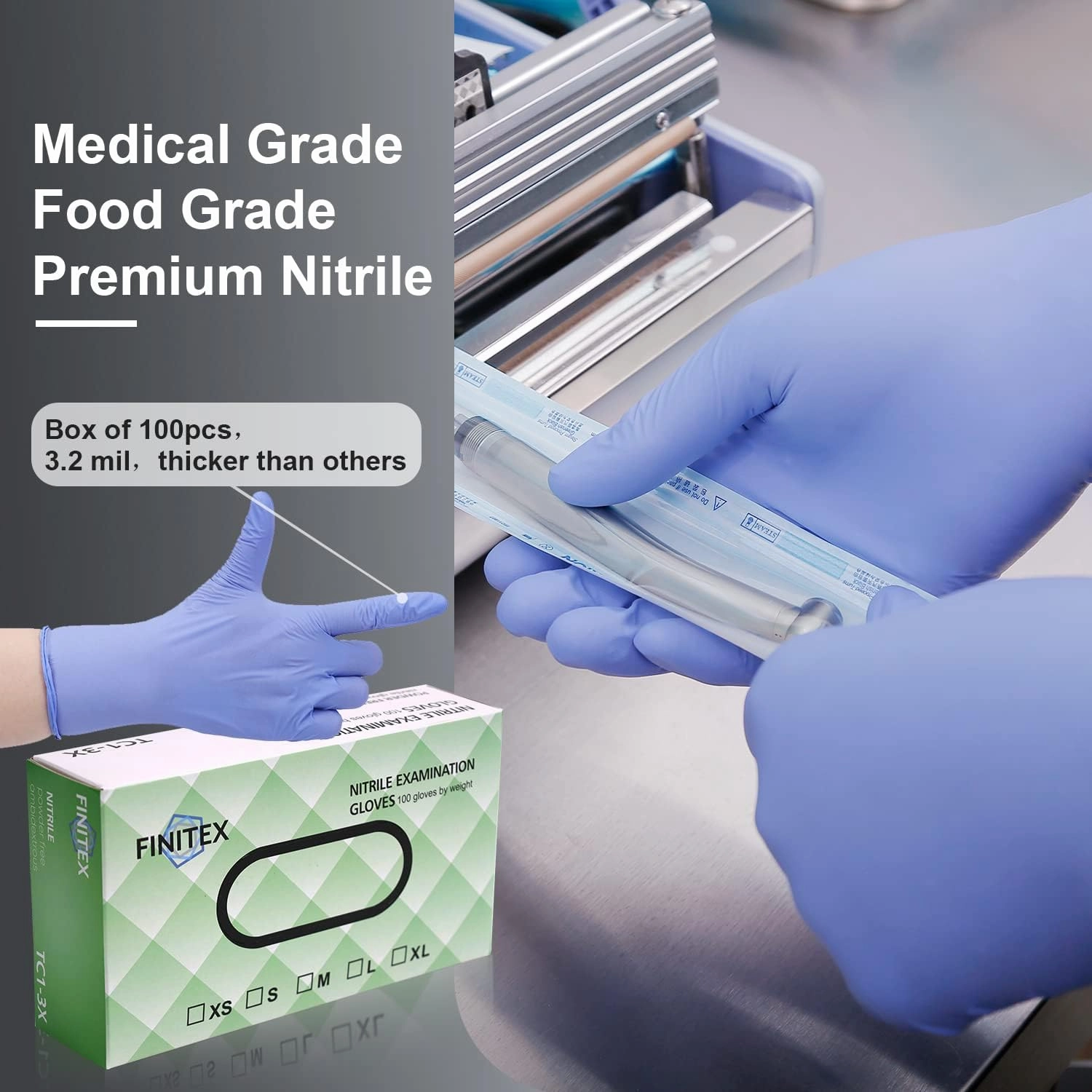 FINITEX Nitrile Disposable Medical Exam Gloves - Ice Blue 3.2 mil Latex-Free Gloves Examination Cleaning Food Gloves