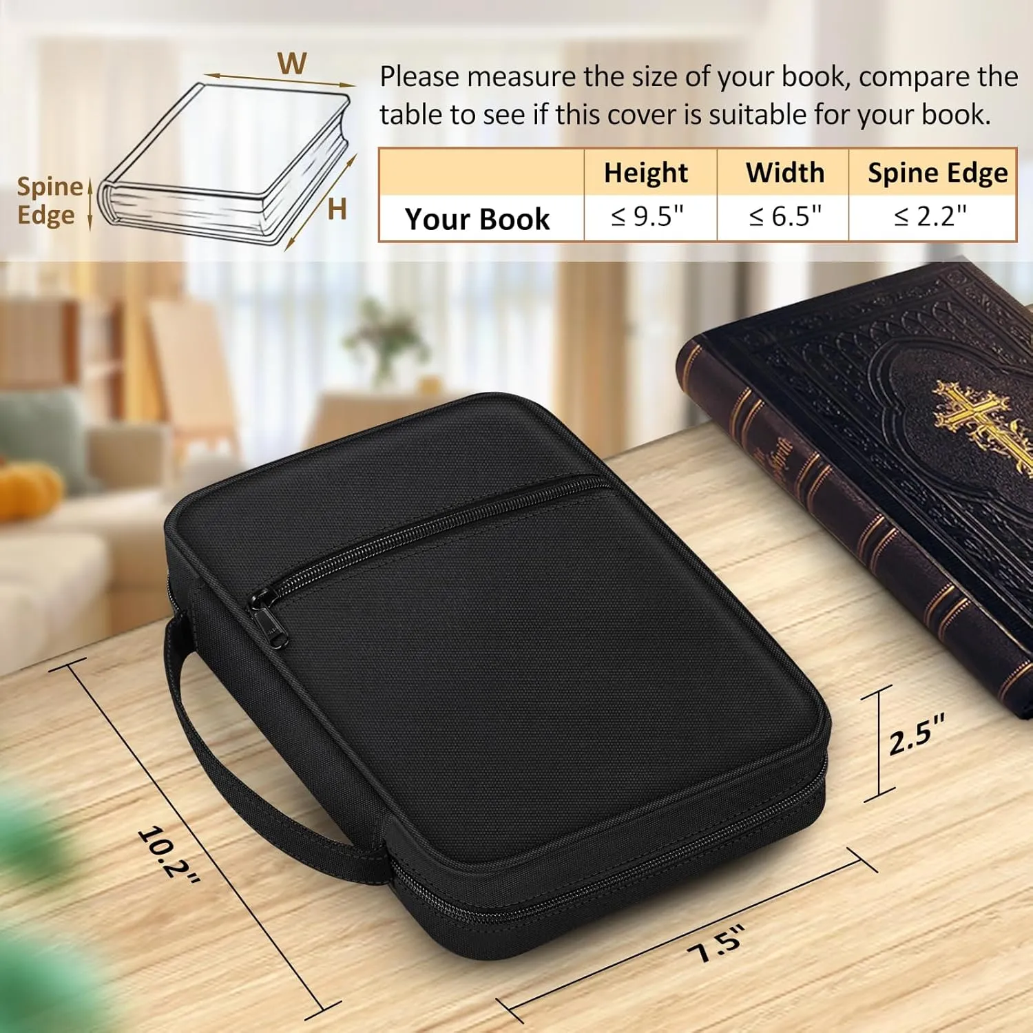 FINPAC Bible Cover Small Size Church Study Book Carrying Bag, Bible Protective Case with Handle and Zippered Pocket for Men Women Mother Lady, Black