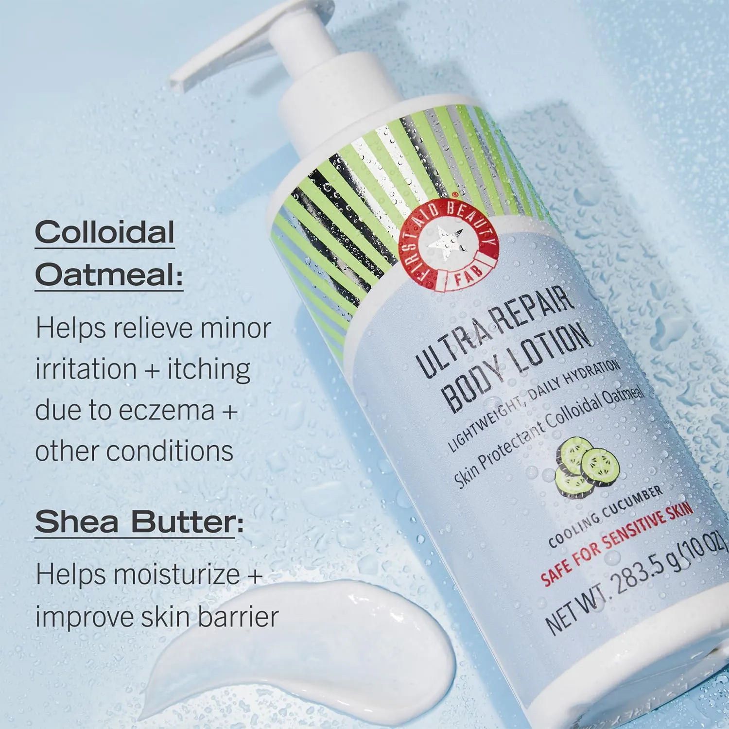 First Aid Beauty Ultra Repair Body Lotion – Lightweight, Daily Moisturizing Hydration for All Skin Types, Even Sensitive, Dry & Eczema – Cooling Cucumber, 10 oz