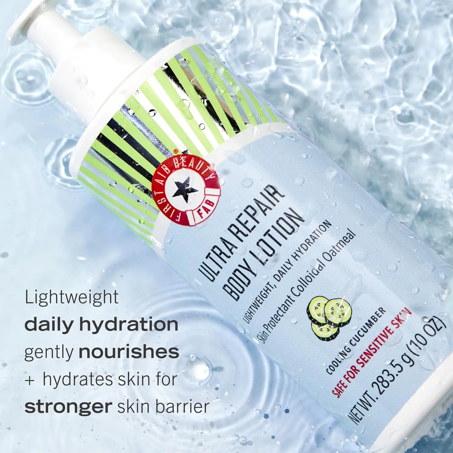 First Aid Beauty Ultra Repair Body Lotion – Lightweight, Daily Moisturizing Hydration for All Skin Types, Even Sensitive, Dry & Eczema – Cooling Cucumber, 10 oz