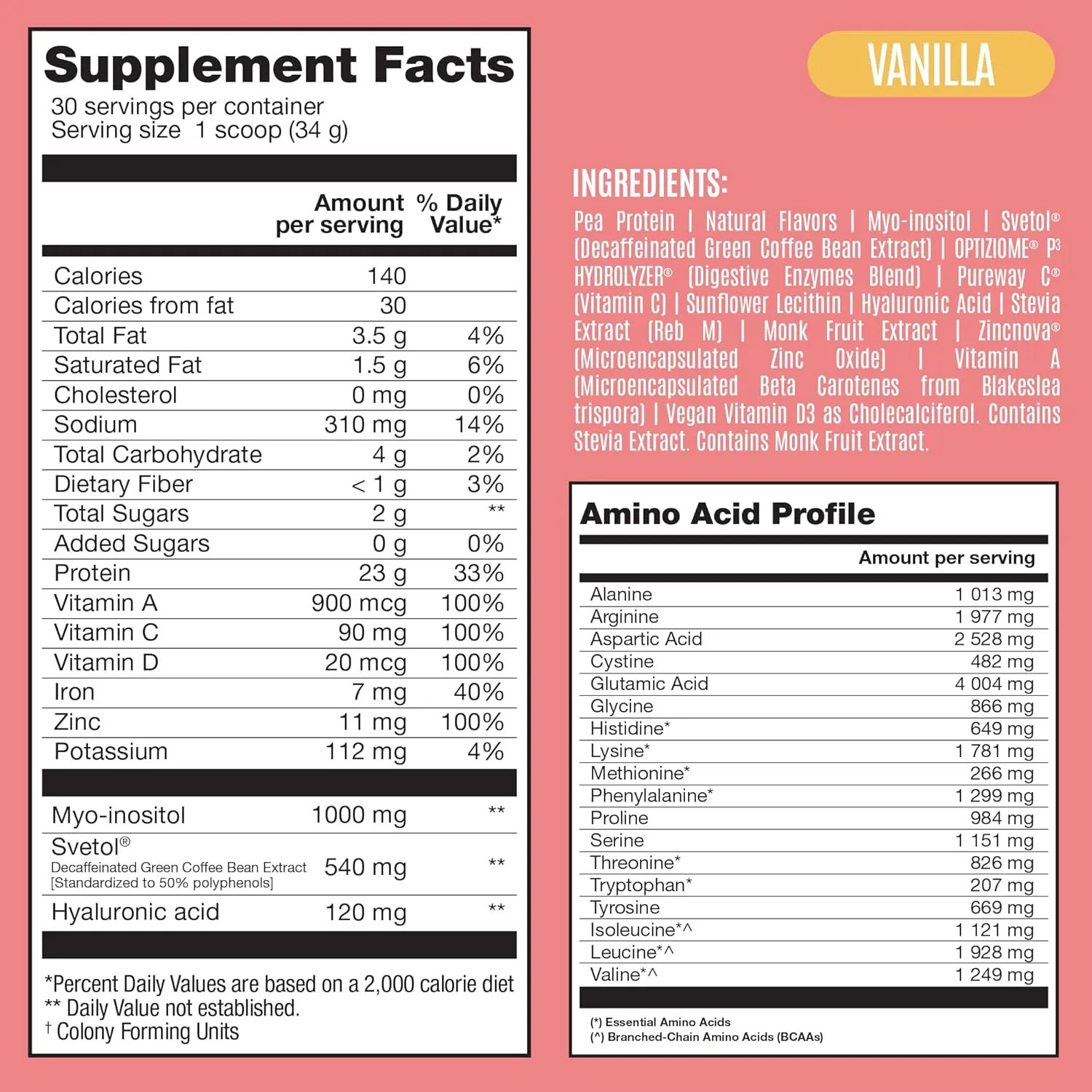 Fitmingo Vegan Protein Powder with Inositol, Collagen Boosters, Hyaluronic Acid and Vitamins | Low Carb, Dairy Free, Lactose Free, Low Calorie | 23g Plant Based Vanilla Protein Powder