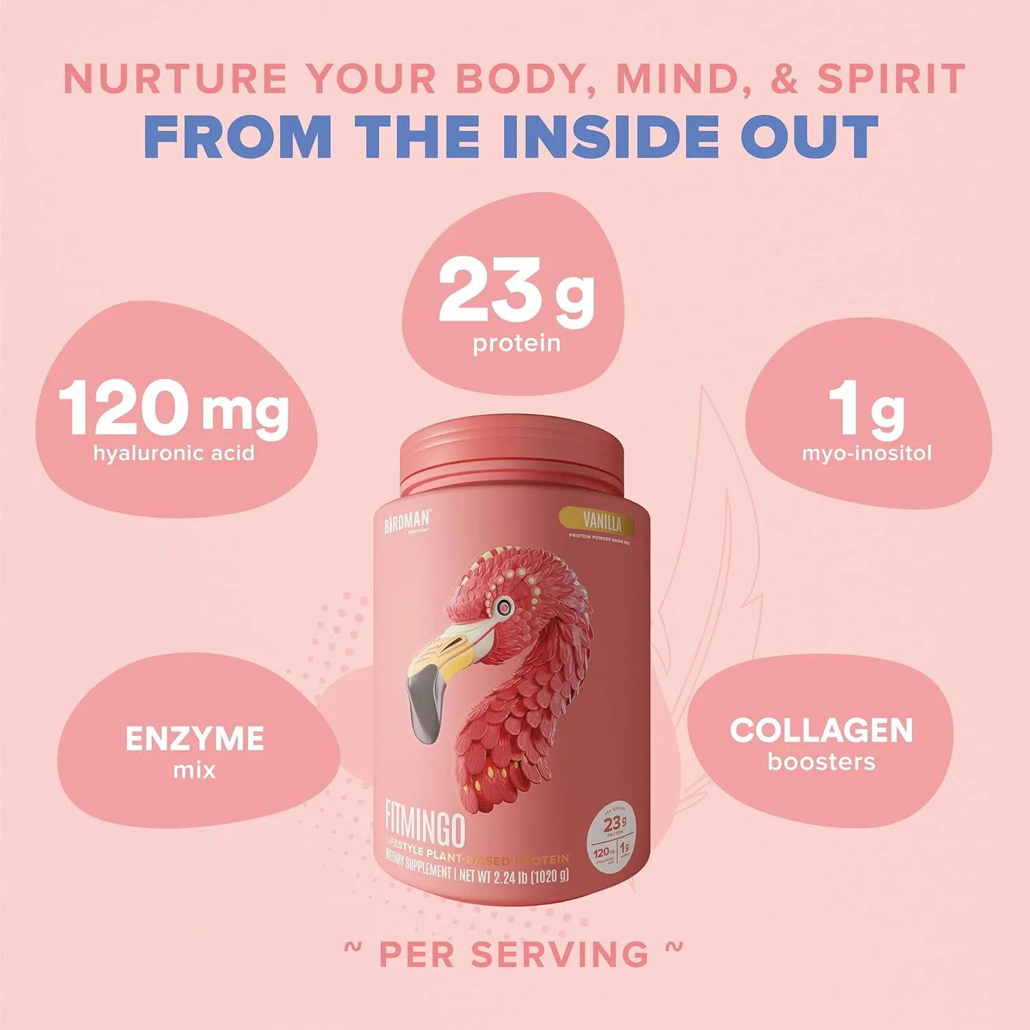Fitmingo Vegan Protein Powder with Inositol, Collagen Boosters, Hyaluronic Acid and Vitamins | Low Carb, Dairy Free, Lactose Free, Low Calorie | 23g Plant Based Vanilla Protein Powder