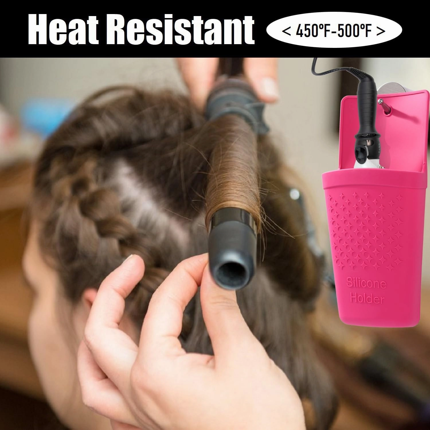 Flat Iron/Hair Straightener/Curling Iron/Hot Hair Tools Holder, Heat-Resistant Silicone Mat Pouch Organizer with Stainless Steel Hook.(Hot Pink).2Pack