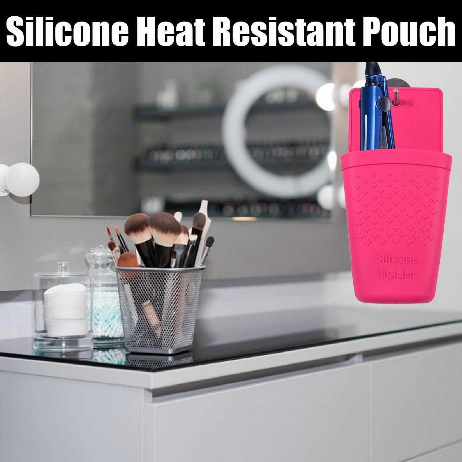 Flat Iron/Hair Straightener/Curling Iron/Hot Hair Tools Holder, Heat-Resistant Silicone Mat Pouch Organizer with Stainless Steel Hook.(Hot Pink).2Pack