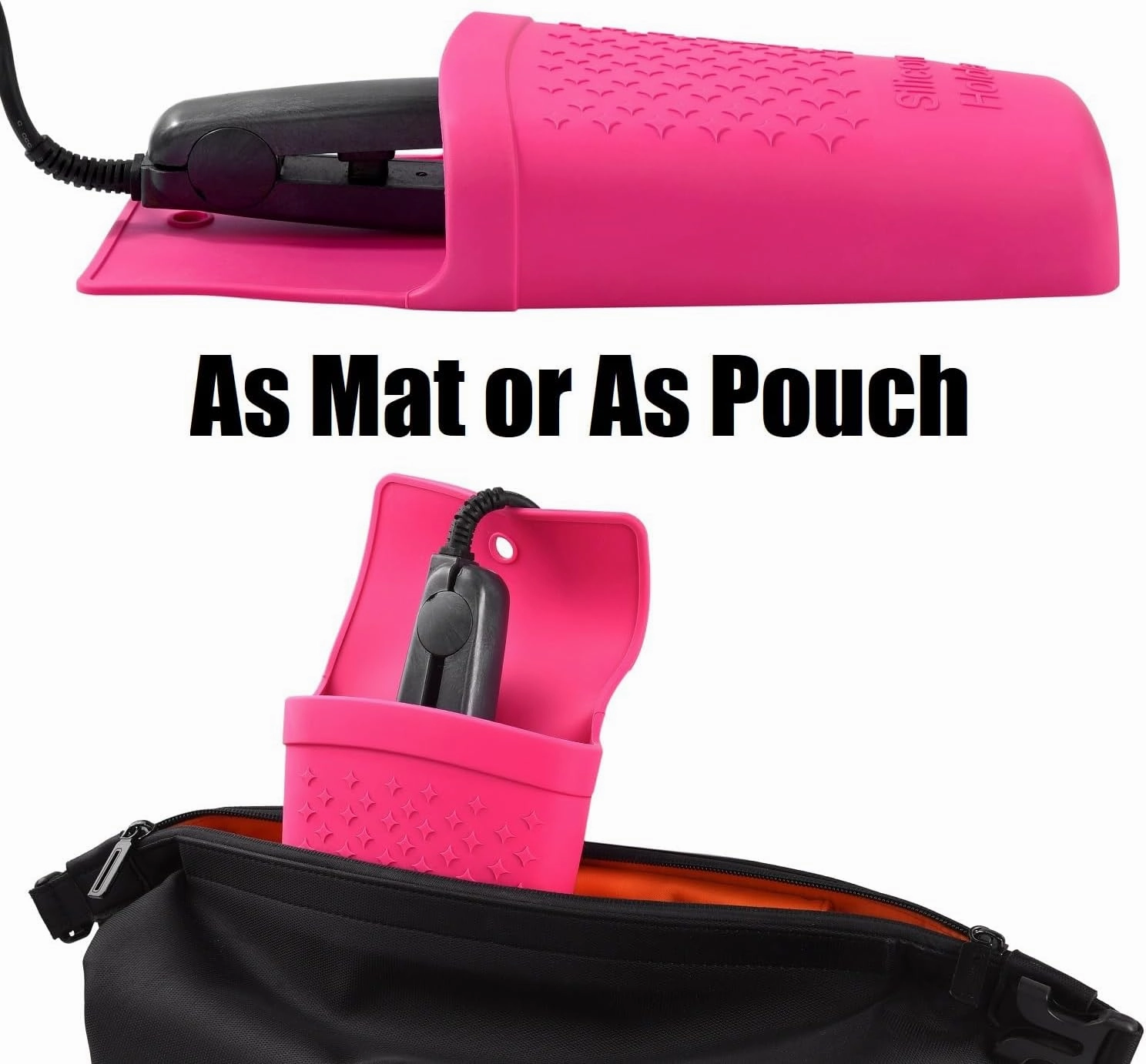 Flat Iron/Hair Straightener/Curling Iron/Hot Hair Tools Holder, Heat-Resistant Silicone Mat Pouch Organizer with Stainless Steel Hook.(Hot Pink).2Pack