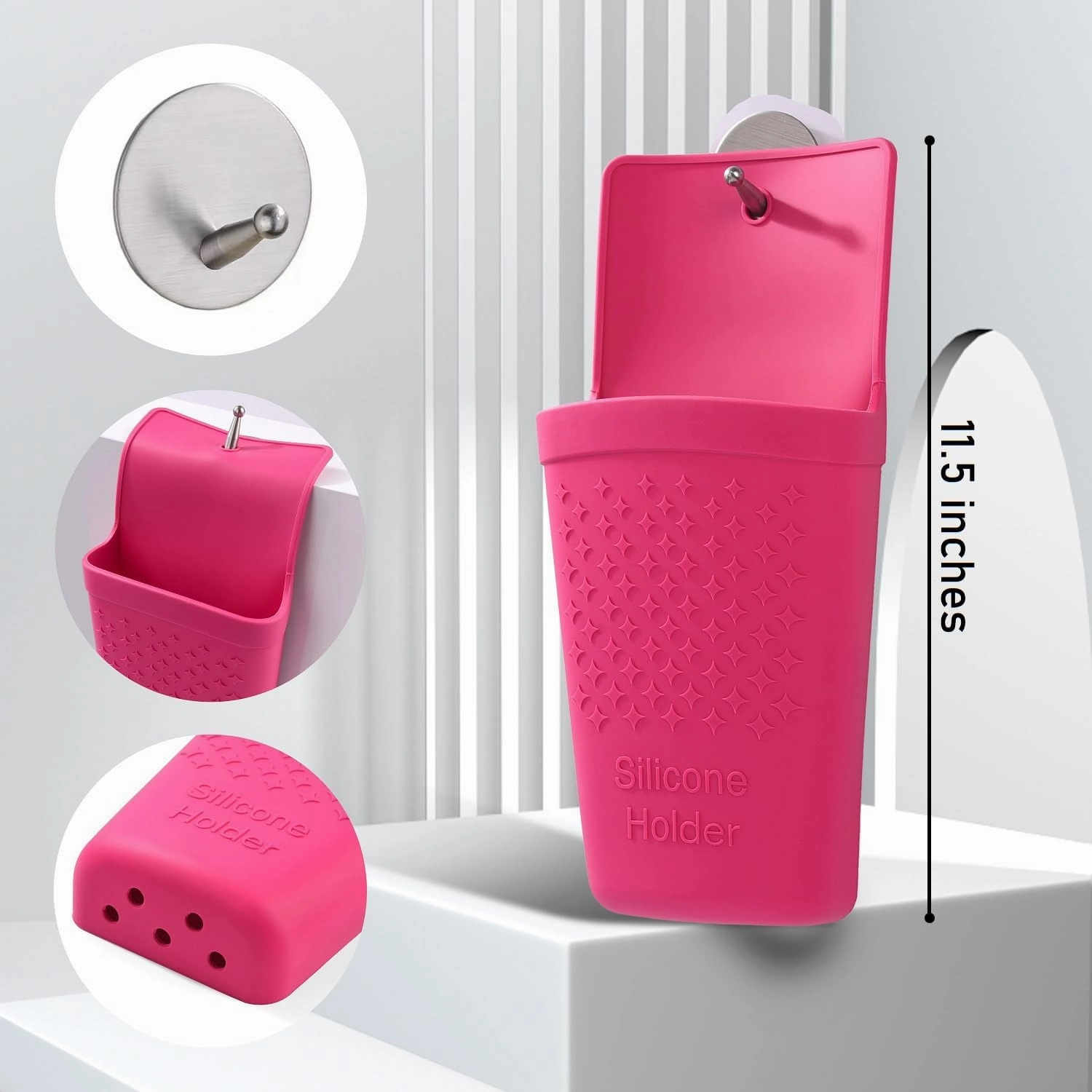 Flat Iron/Hair Straightener/Curling Iron/Hot Hair Tools Holder, Heat-Resistant Silicone Mat Pouch Organizer with Stainless Steel Hook.(Hot Pink).2Pack