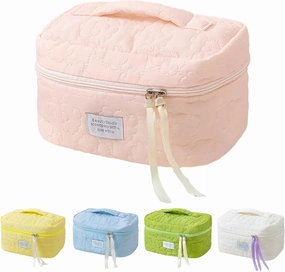 Floral Makeup Case, Cotton Inserts Puffy Quilted Makeup Toiletry Bag, Large Capacity Cosmetic Pouch, Daily Travel Use Skincare Bag with Handles, Multipurpose Organizer Bag (Pink)